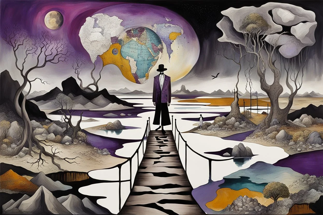 face to the camera in midle one alone human figure with a big map his hands in weird whimsical clothes stands on thin weird bridge , weird whimsical landscape, forest, and Sahara water and rocks,, around surreal cracked painted weird land with some black doors. dark purple, gray, black, white, brown,deep colors. style of Chagall , of Minjae Lee and Tim Burton, absurd beauty. broken, weird bizarre absurd, nightmare, neuron network background, surreal vibe