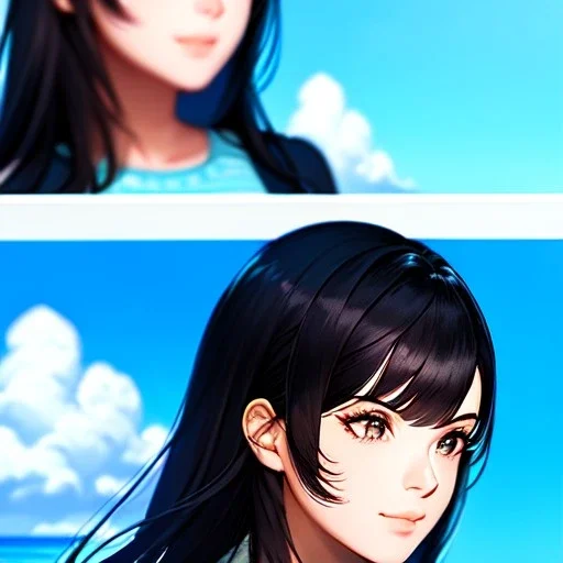 black haired woman, casual clotting, realistic, HD4k, watery cloud background, close up shot,