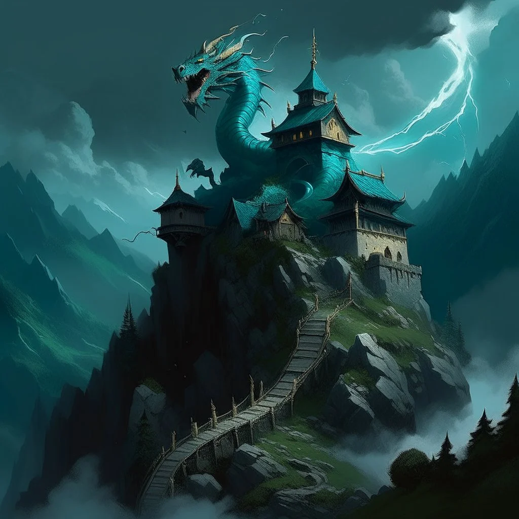 A dark teal Eastern castle on mountain with a lightning dragon painted by Xul Solar