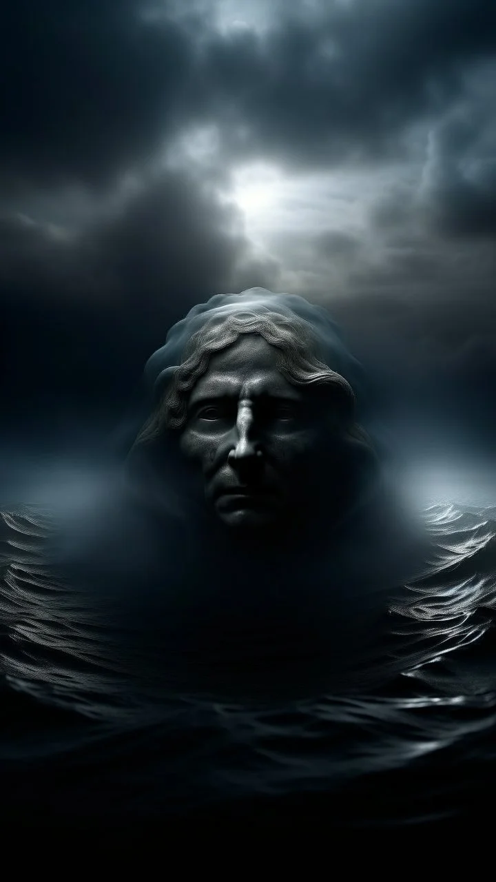 Mourning in dephts of ocean , a halo face with a smoky clouds in dark gloomy foggy background with very small dem light