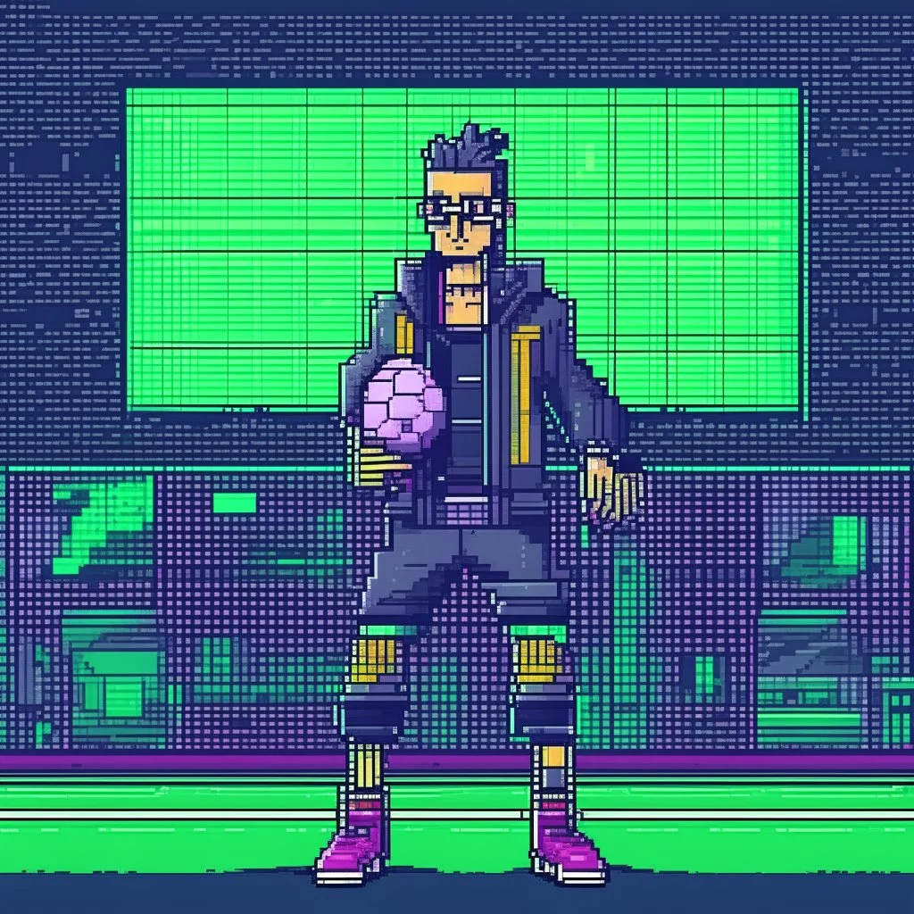 A pixel art cyberpunk version of the best football predictor master pundit master nerdy mutant