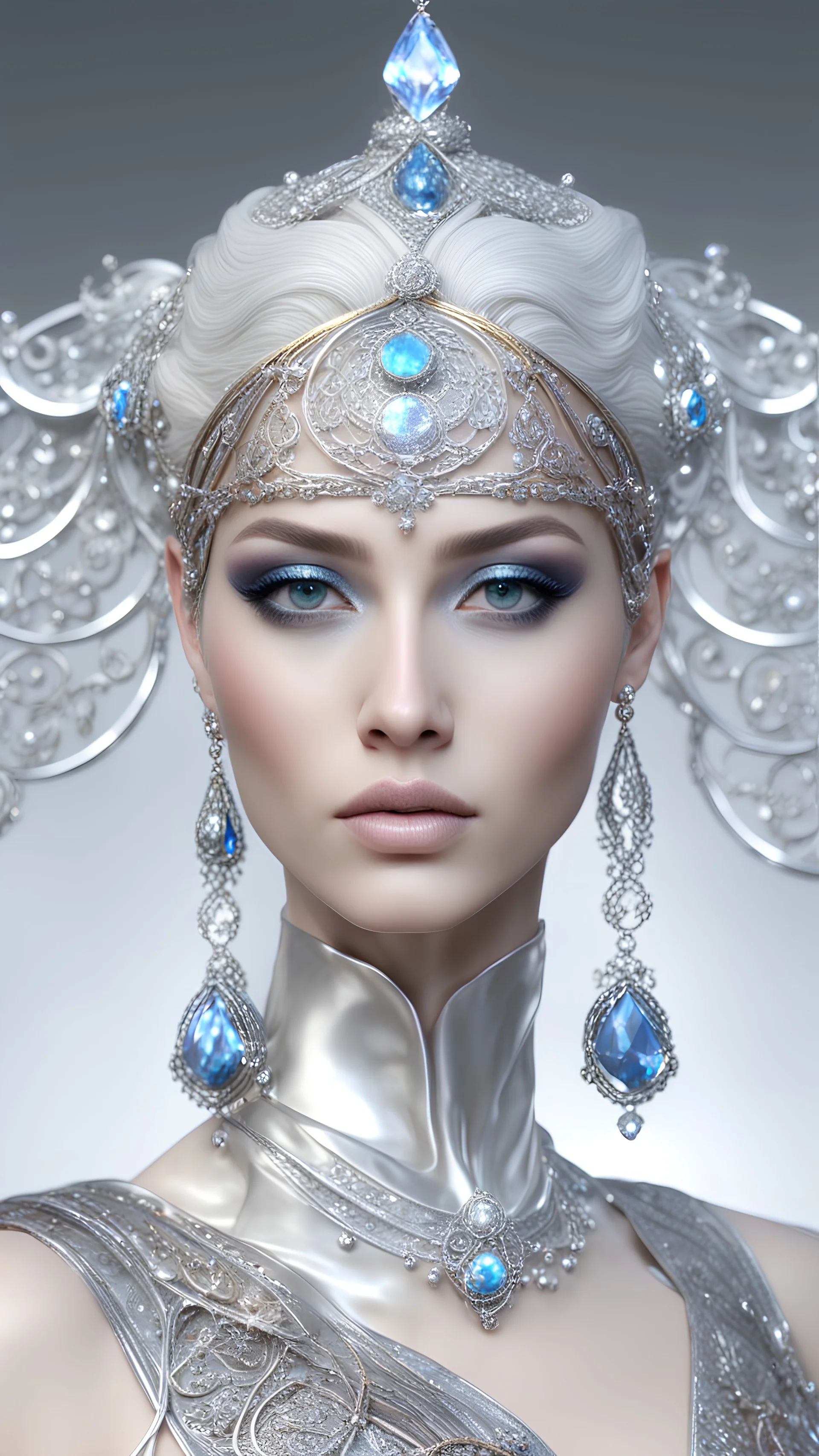 AI 3d photo realistic portrait of young woman, beautiful, shiny hard eyes, make up, Byzantine style, shiny baubles, ornate, large gemstones, shiny molten metalics, shiny wire filigree, silver hair, high definition, high res, octane render, 64k, 3d