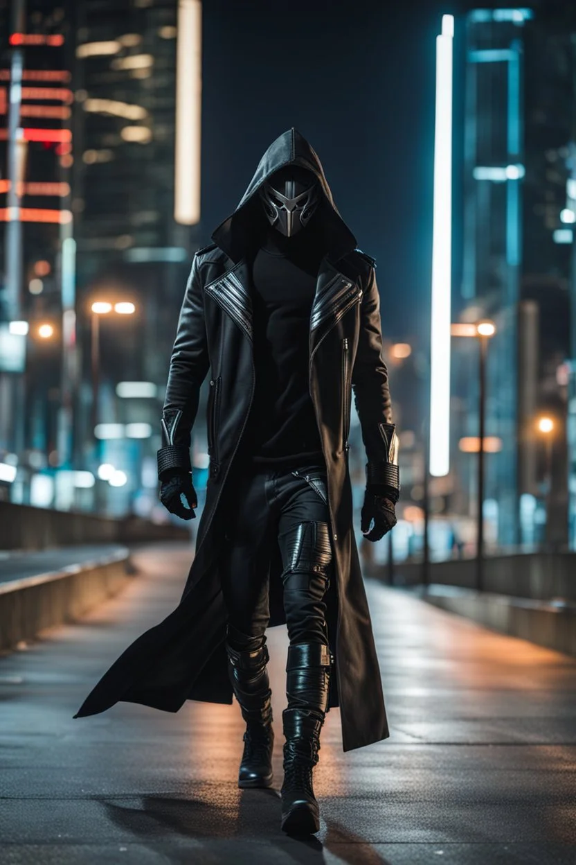 Full body,Half-cyborg demon male cyberpunk assassin wearing a metal mask, black jacket,walk in night city background