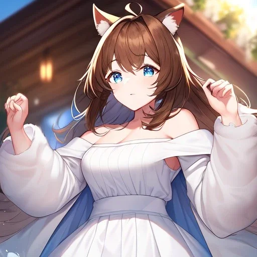 Clear focus, High resolution, Long fluffy brown hair, blue eyes, wearing a white skirt, detailed outfit, wearing a jacket oversized off shoulder, rough line, hair above ears, dog ears, off shoulder white shirt