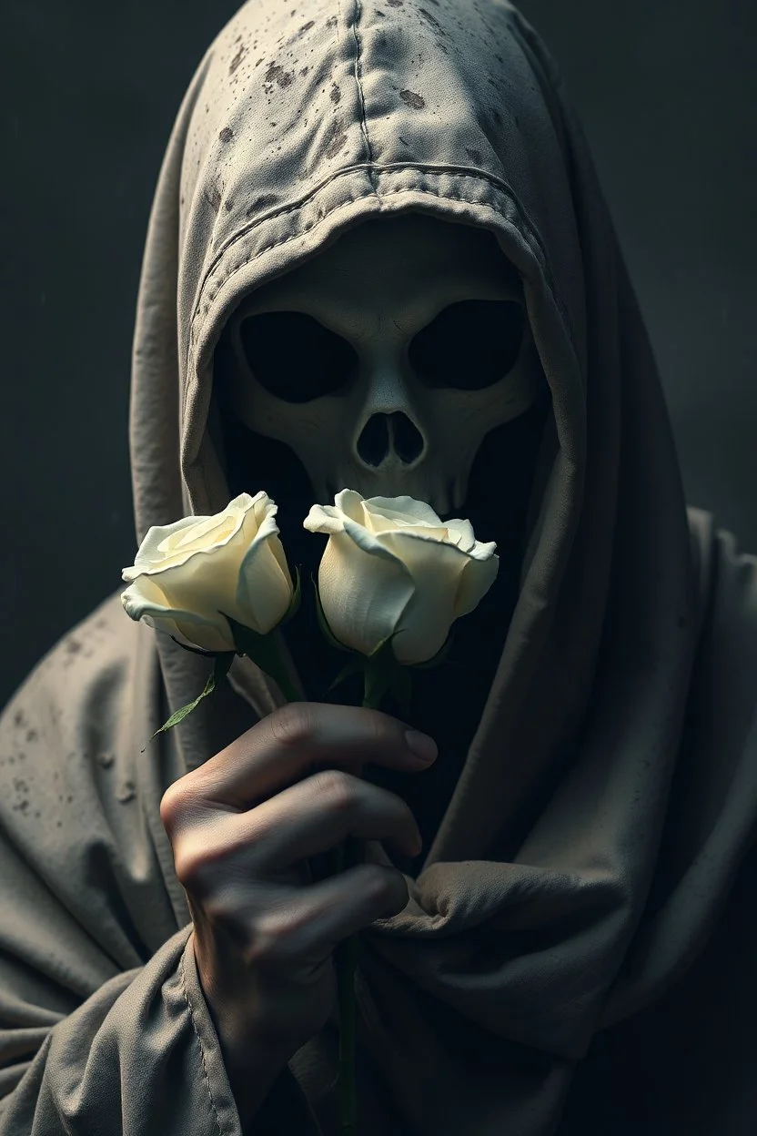 Extremely realistic photo of a hooded phantom , giving you a white Rose , general foul weather, (Rembr Lighting), zeiss lens, ultra realistic, (high detailed skin:1.2), 8k uhd, dslr, Dramatic Rim light, high quality, Fujifilm XT3, artwork in pale distressed tones , minimalistic approach, blends old world aesthetics art with elements of distressed painting and illustration, shadow play, high conceptuality, palette inspired by Charlene Mc Nall