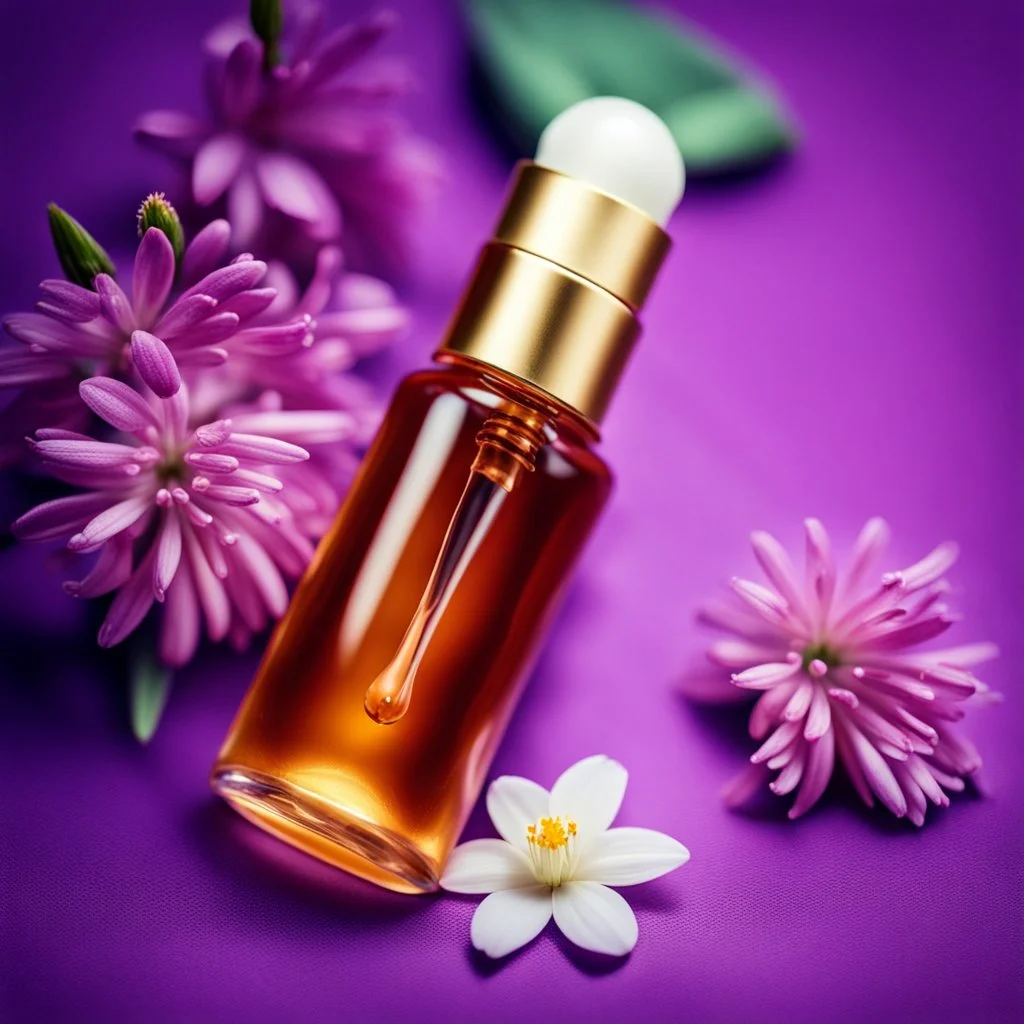 a small vial lies on a beautiful floral background top view, in the background there are beautiful spring flowers and a drop of cream, high-quality picture, top view