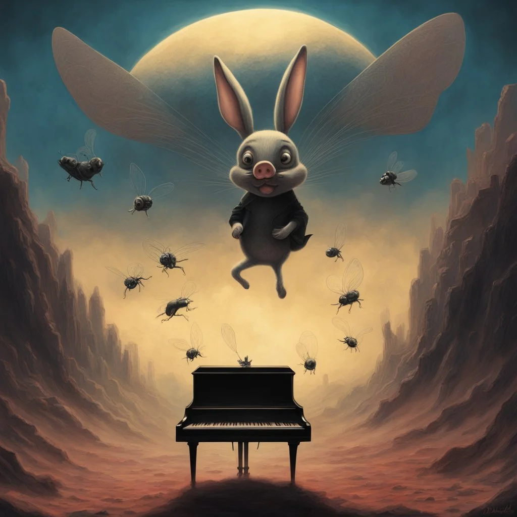 monochromatic black and white bugs bunny composer piano, diffrent planet, one swine pig piggy flying wasp angel, beksinski style daker theme dark black dark black monochromatic