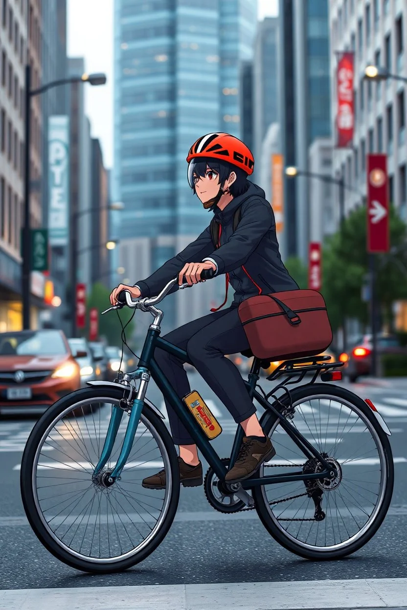 a full body anime driving bicycle in modern city street, no safty hat
