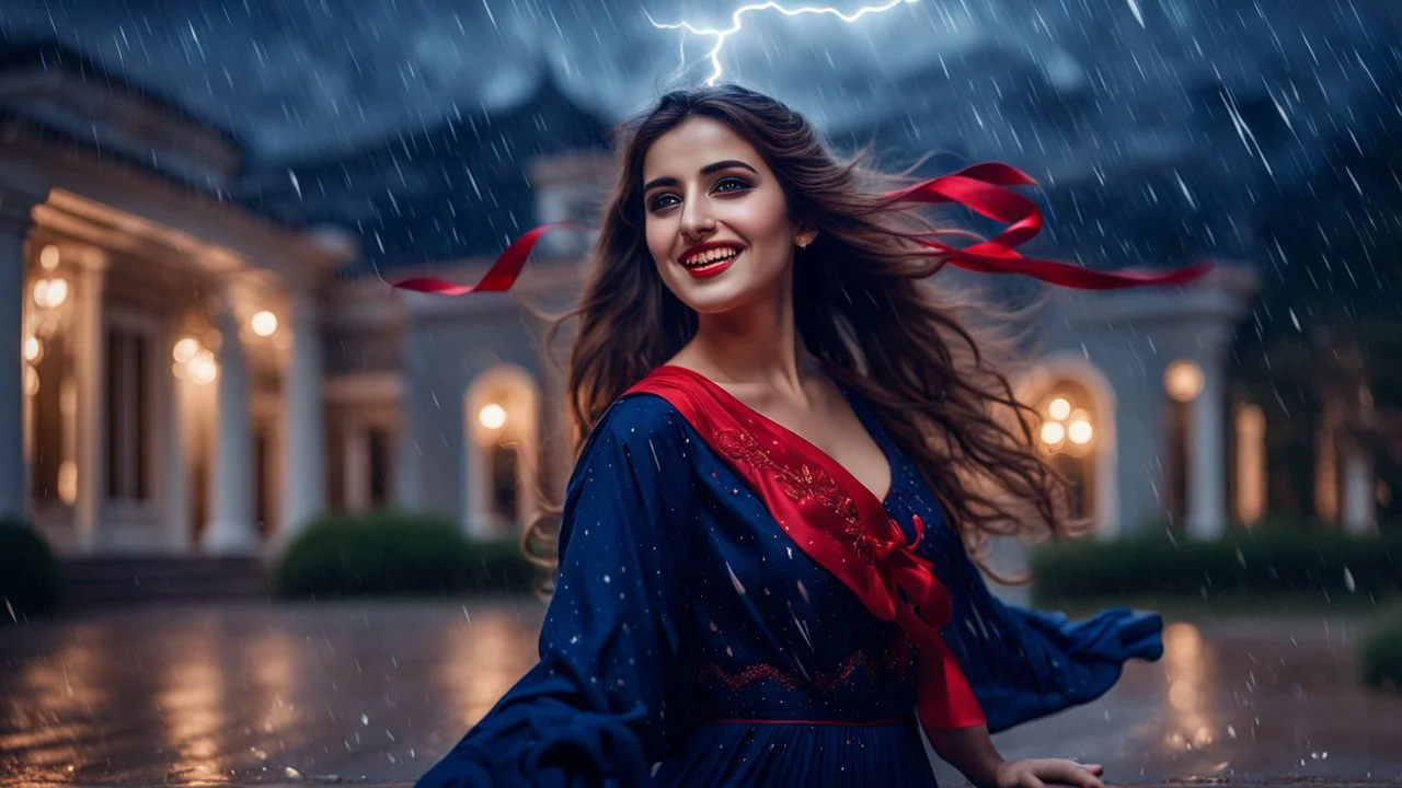 Hyper Realistic Photographic View Of A Beautiful Young Pashto Woman With Beautiful Eyes Lips & Nose (Wearing Beautiful Navy-Blue Frock Decorated With Red-Ribbons On It Her Frock & Her Beautiful Long Hair Whirling In Air) Happily Whirling & Smiling Outside A Fancy Navy-Blue Mansion Heavy Rainfall Night with Thunderstorm Showing Dramatic & Cinematic Ambiance.