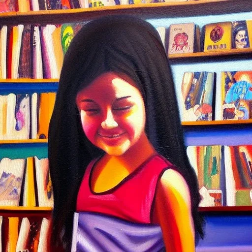 Girl in a Record store oil painting