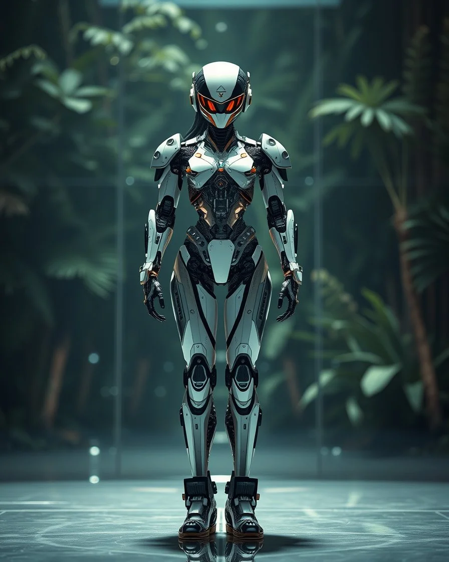 Front view full body standing rendering Beautiful Female as Hybrid mecha robotic DJ chasing clear surfaces it from transparency super clear glass explore inside components nature plants, advance design futuristic sci fi picture,find details,Sony Alpha 7 50mm 1.8,medium shot, high-resolution image with fine details,ultra detailed,ultra realistic,extremely realistic,intricate,photorealistic,epic composition