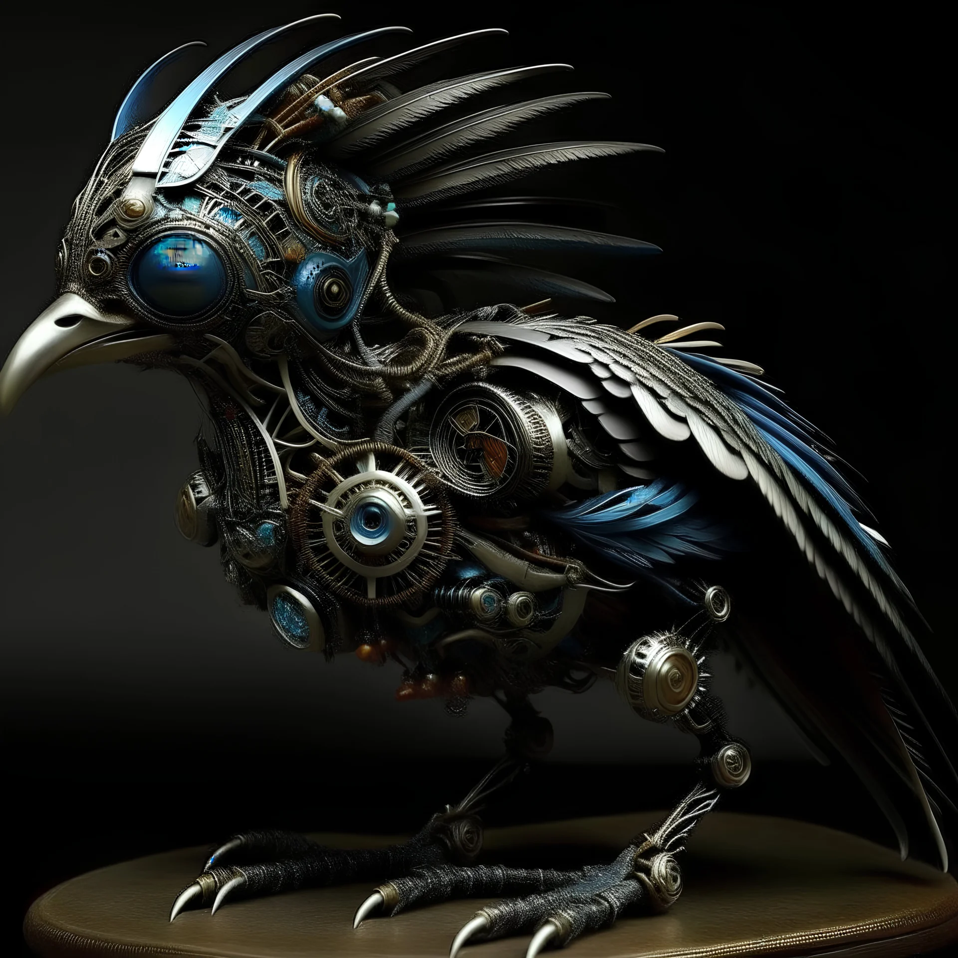 **steampunk alien creatures from a fantastic fantasy planet, long flowing multilayered colorful feathers, black, white, gray, navy blue, glowing eyes, extremely detailed, complex patterns, beautiful