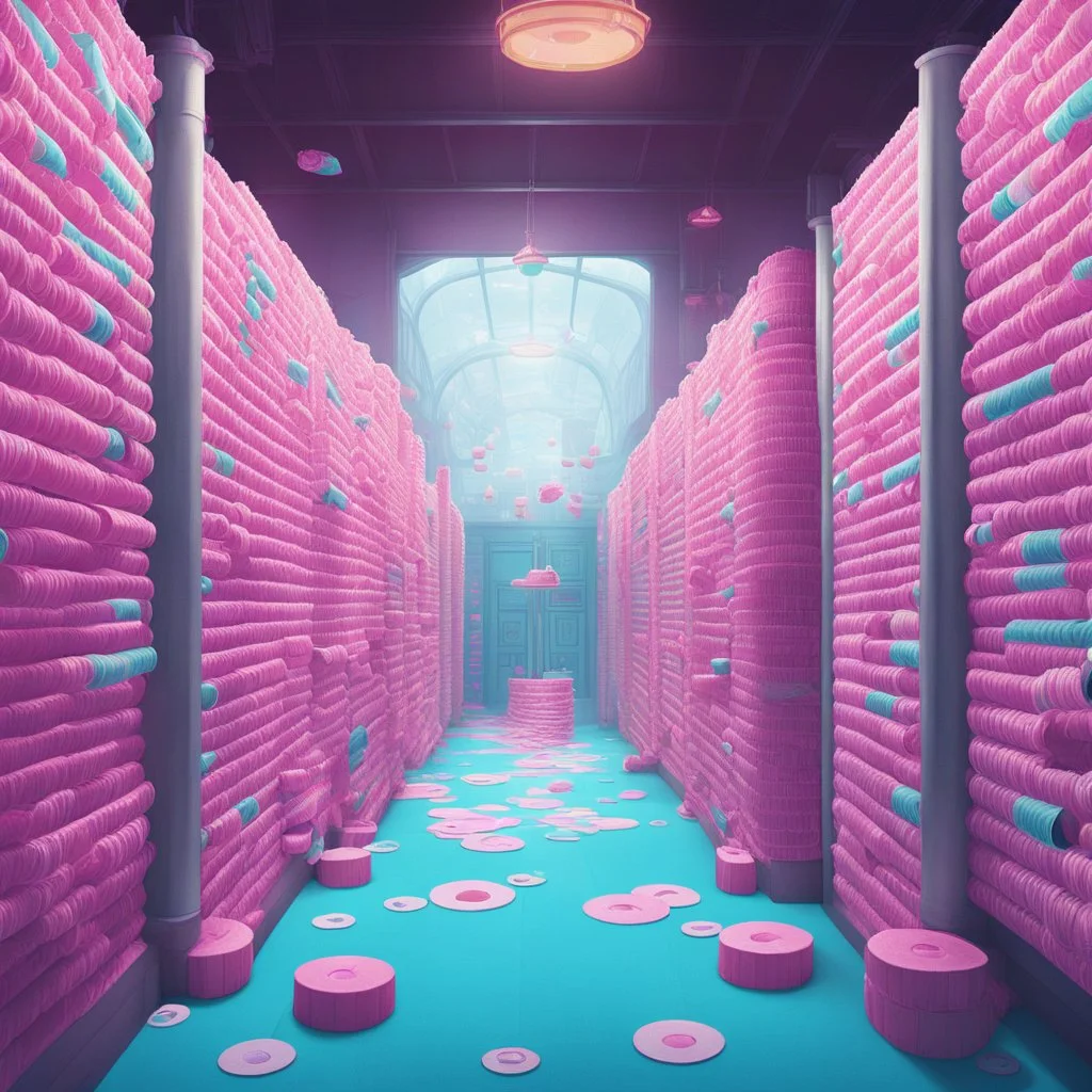[art by Beeple] the longest toilet paper in the world, in Charlie's chocolate factory