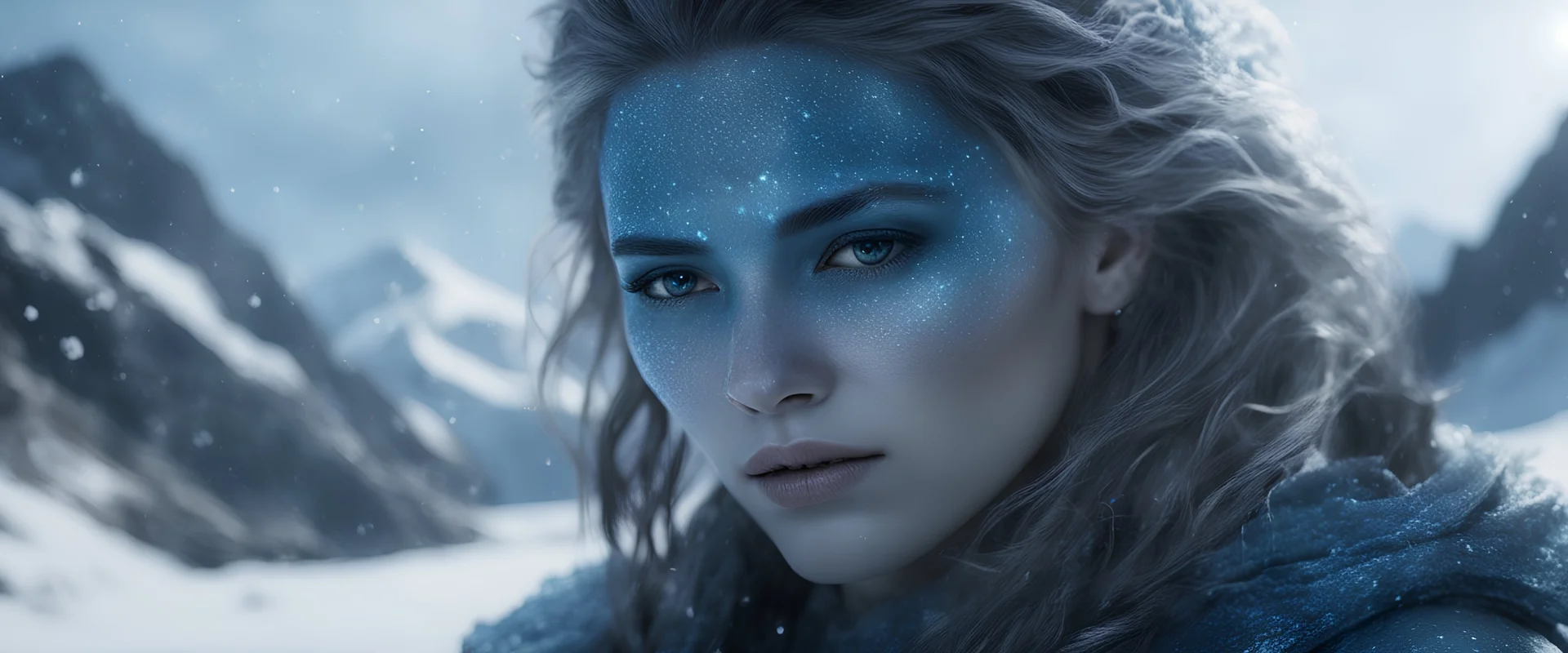 Photoreal gorgeous scaled triton ranger woman with blue scaled blue skin in an ice covered mountain landscape snowing at night by lee jeffries, otherworldly creature, in the style of fantasy movies, photorealistic, bokeh masterpiece smooth shading, ultra detailed, high resolution, cinematic, unreal 6, subtle shadows, octane render, 8k, cinema 4d, HDR, dust effect, vivid colors