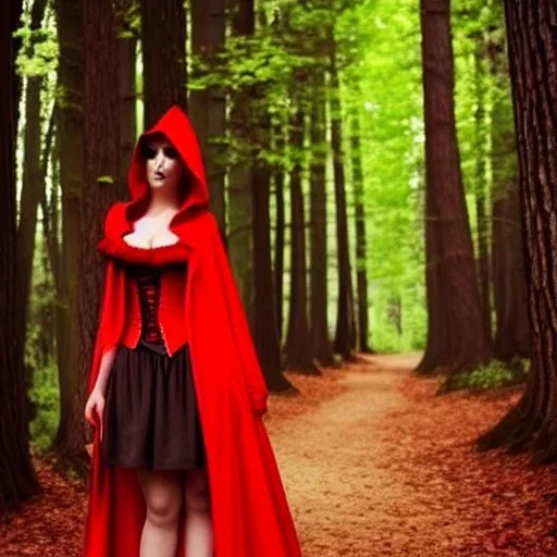 gorgeous, flirty red riding hood in the woods