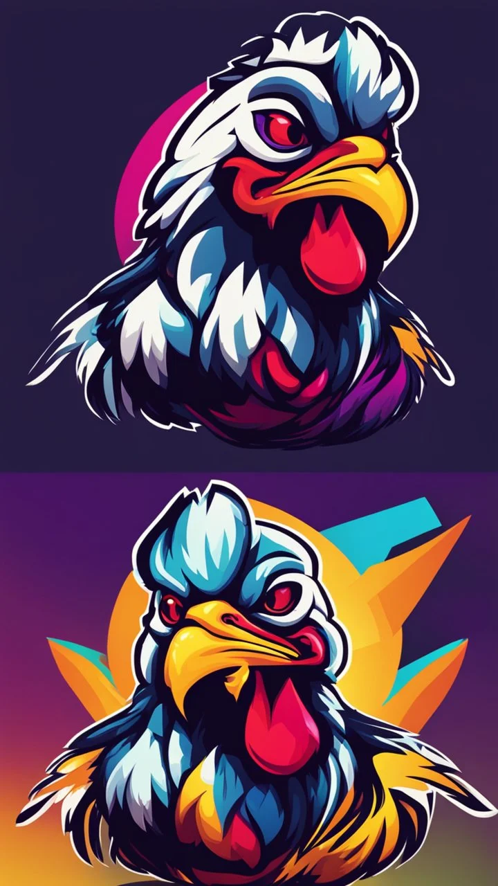 Create a bold and vibrant gaming logo featuring a chicken, with a dynamic composition, bright colors, and dynamic lighting