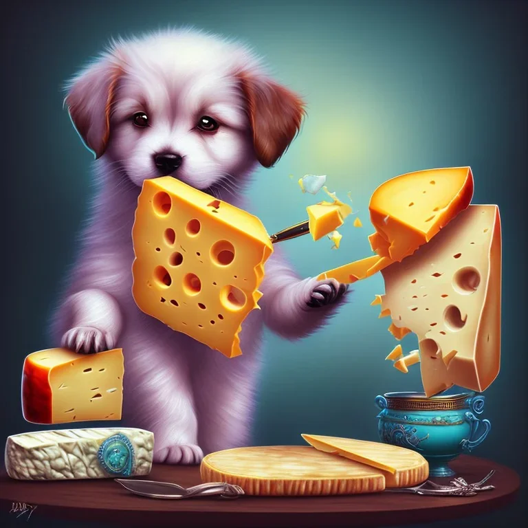 cute puppy eating cheese, art deco, romanticism, watercolor, visual novel, cheerful, furry, sleepy, rembrandt lighting, colorful lighting, blue, teal, aqua, red, purple, yellow, black, detailed, masterpiece