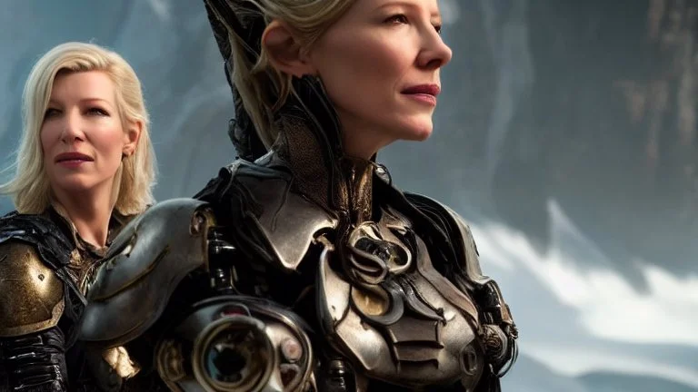 Portrait of Kate Blanchett as an elfin cyborg, in a fantasy landscape, HD 4K, photo-realistic accurate face and features, award winning photography, unreal engine, cinematic lighting