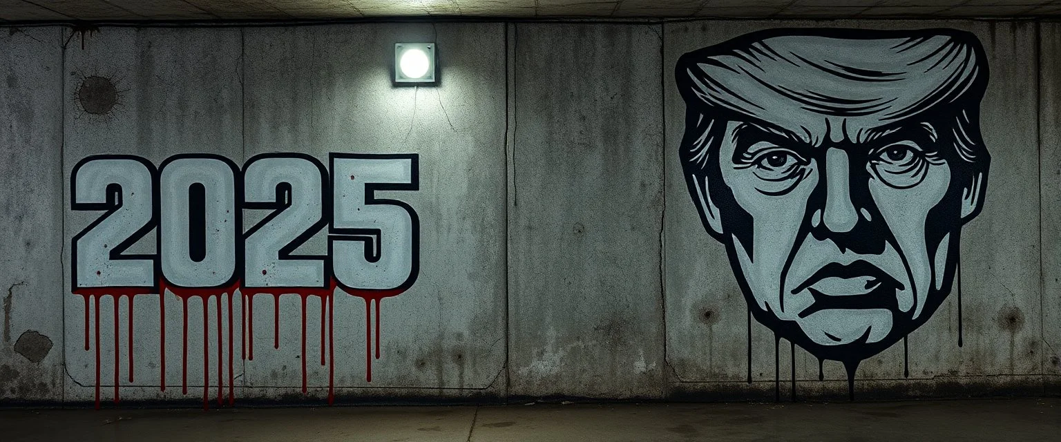 background of wall(wet textured concrete, gray, old, cracked, stained, 1 wall light) from underground parking, bullet holes, german style, a large blocky upside down "2025" painted on left(old faded paint, red stains running down and past), cyberpunk, to the right a larger mural(face and eyes cropped above nose, angry and scornful, trump, black and white, running paint)