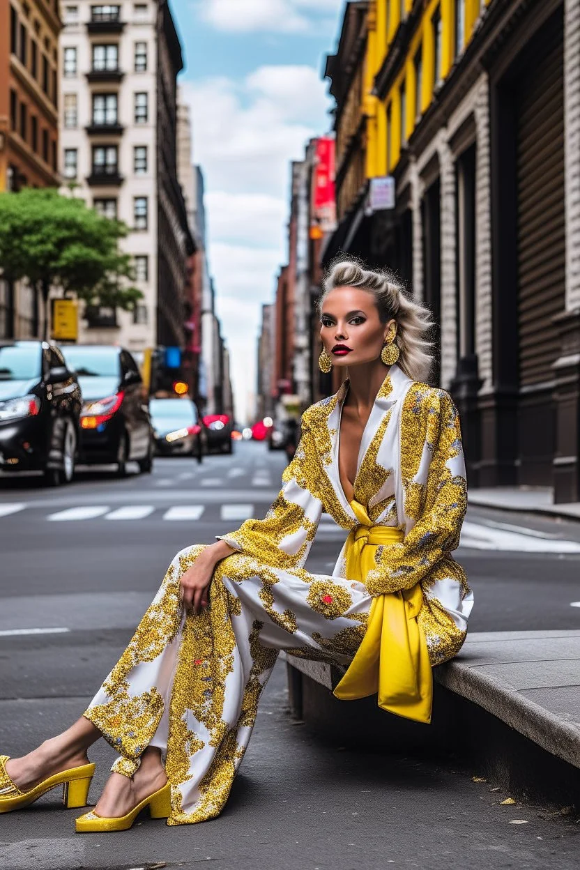 a supermodel in designer outfit sitting on street for magazine cover photoshoot