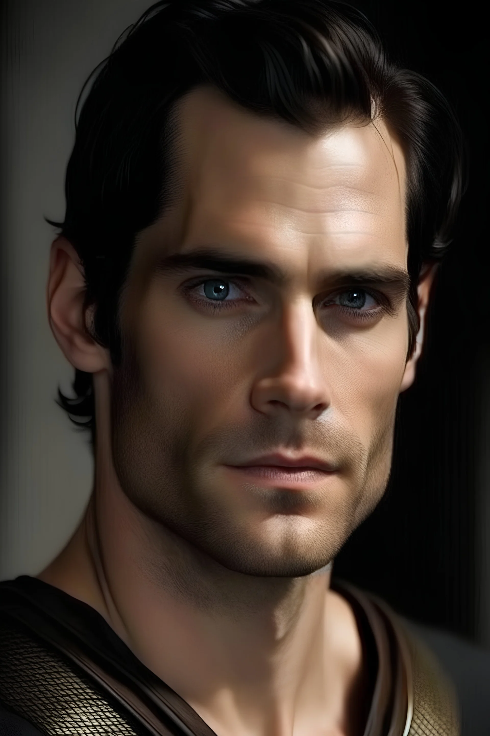 Generie mir einen gutaussehenden männlichen Hexer im Alter von 23 Jahren mit goldbraunen Augen und Runentattoos mit kurzen schwarzem Haar. Er lächelt schelmisch und hat Ähnlichkeit mit Henry Cavill.