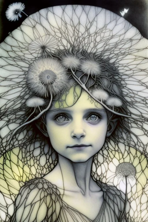 pencil and charcoal sketch of a cute happy little dandelion fairy girl, Mucha inspired emotional nature ephemeral sculptures of Andy Goldsworthy, tiny human form, essence captured as if created by surrealist photographer Noel S Osvald rendered in bright ombre colors, mixed with influences by John Bauer and Tim Burton, faded dark grey background, minimalistic art, with details that reflect advanced rendering techniques that push the drawing's realism even further Modifiers: trending on Artstation