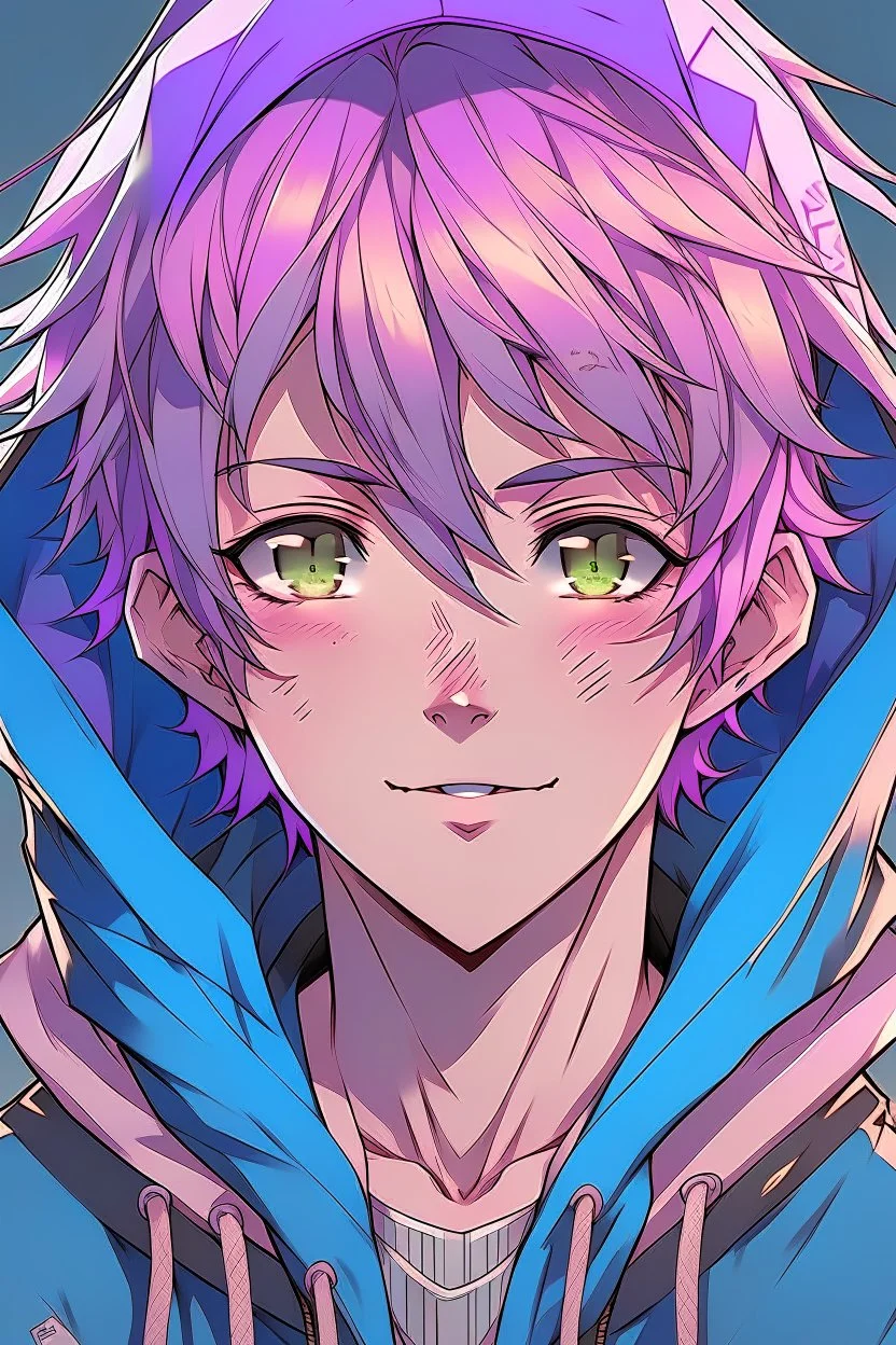 An anime man with messy short pink hair and narrow blue eyes wearing a hooded jacket Realistic. Slight smile.