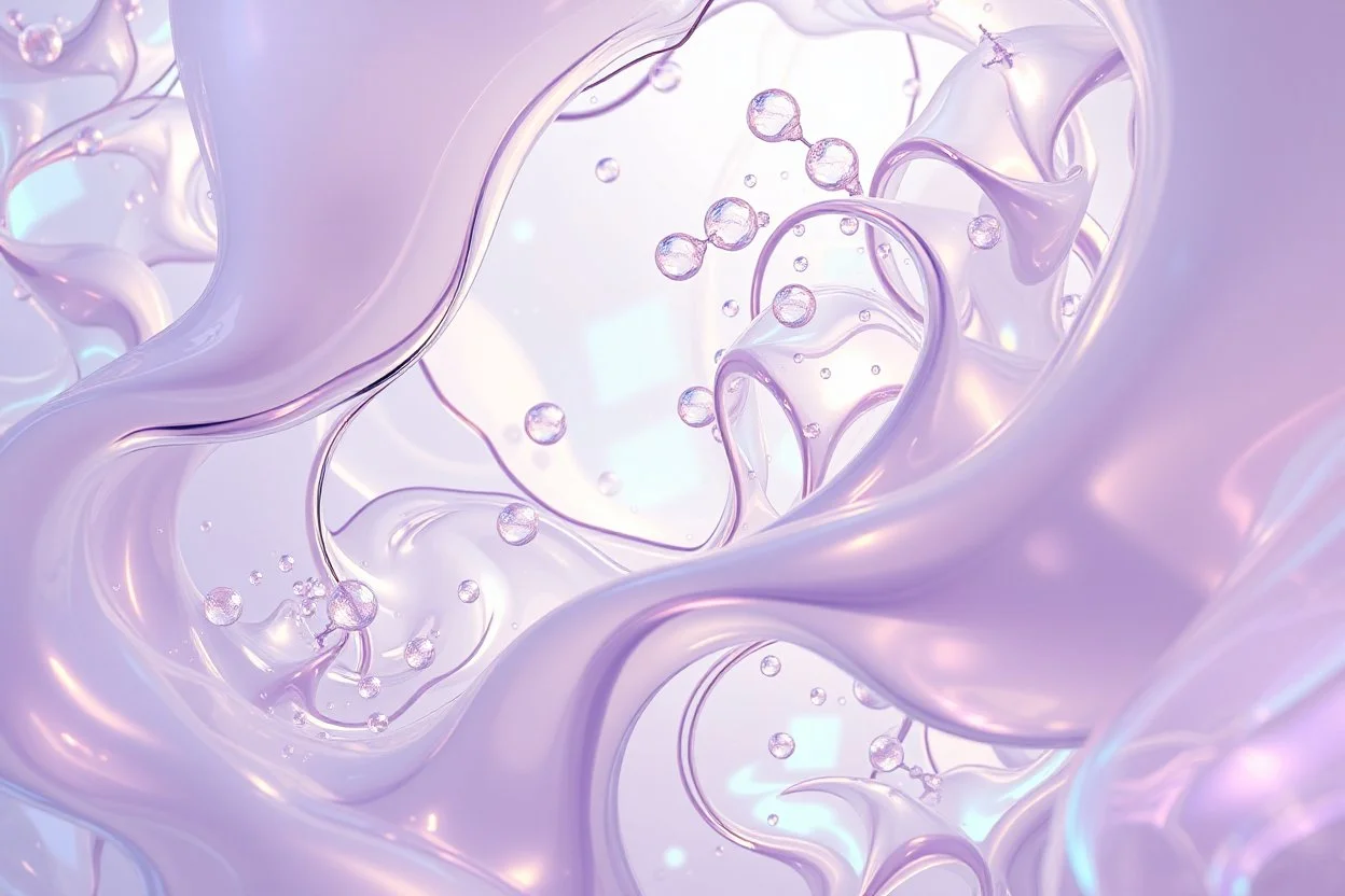A soft, dreamy generative-art scene featuring complex hypnotic fractal structures evolving through fluid organic and geometric forms. Smooth translucent iridescent glass surfaces contain internal light and delicate bubbles, set agai