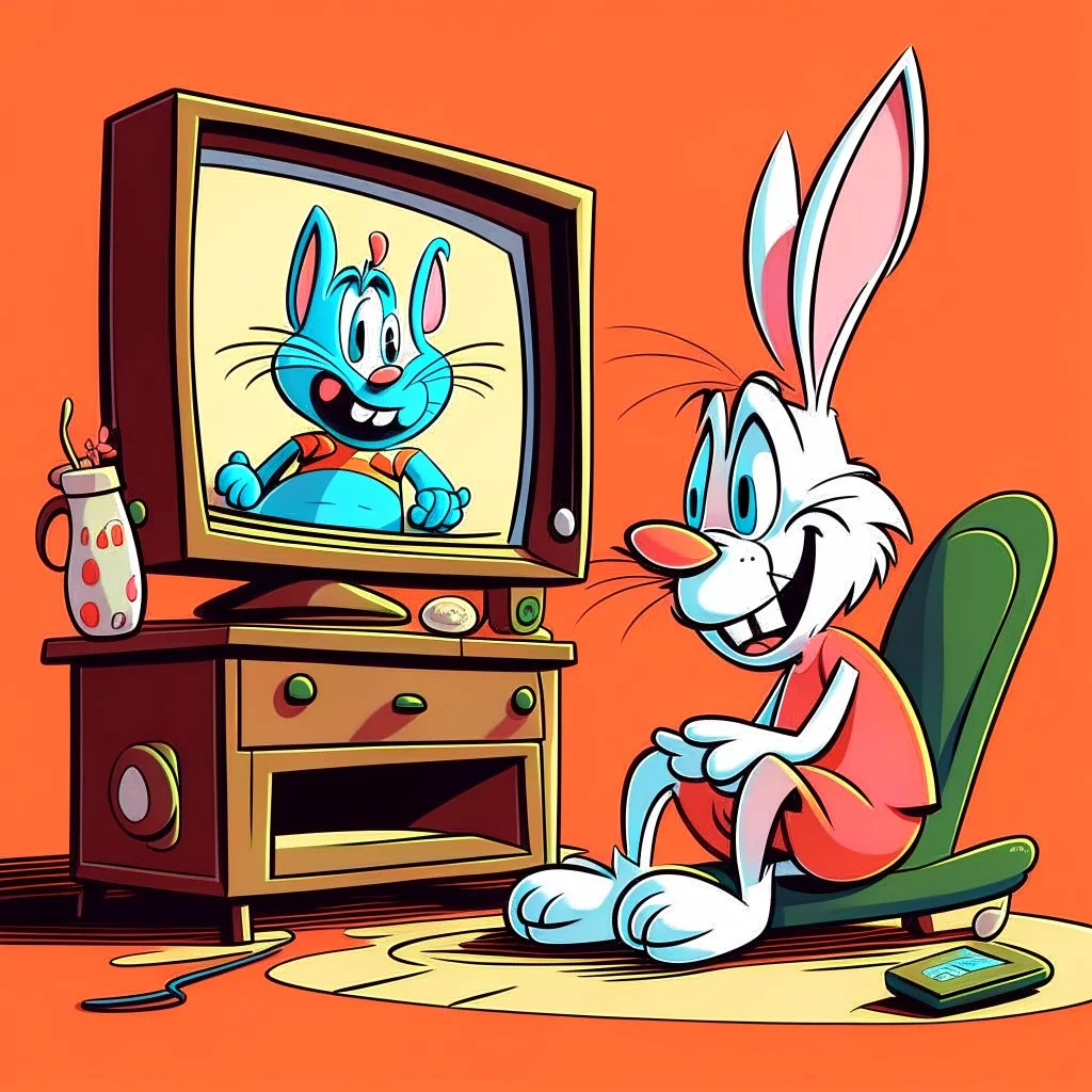 bugs bunny watching a tv about a video game with a pig doing music