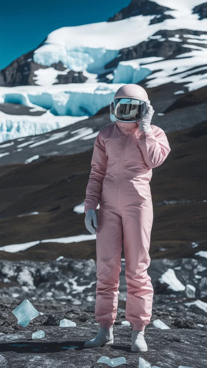 no face with mask,minimal ,Fashion film in the icefields of Patagonia, a stunning supermodel in an incomplete Astronaut pink bronze suit discover the icefields and giant iceblocks and icebergs using stunning poses we can see her face through the glass . Supreme landscape, inticate background and a minimalist composition that creates a great megalophobia effect. Old lens, old Kodak vision filmstock, 1600 iso.