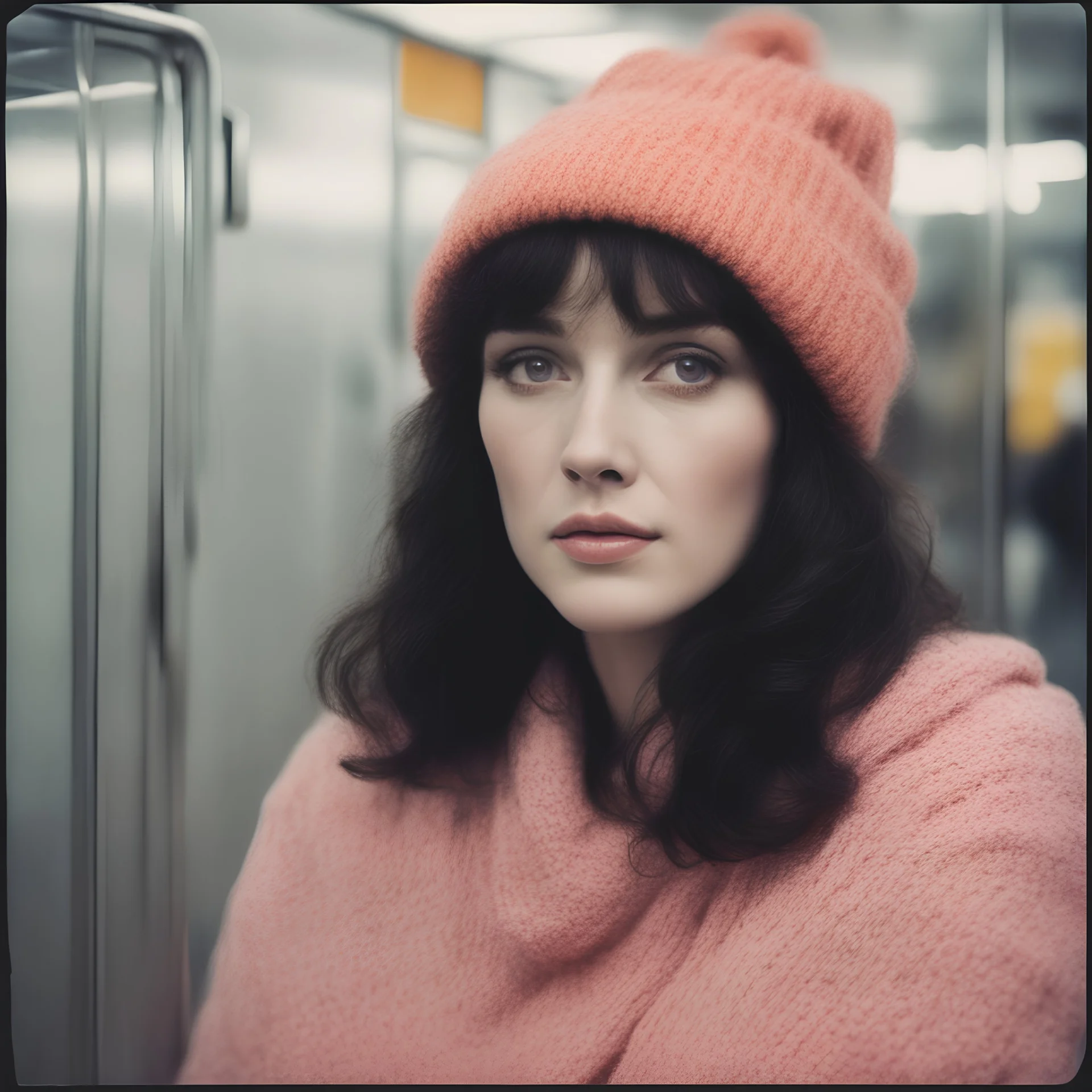 Isabelle adjani, ,in the metro in the style of a polaroid,, pink,orange, with a knitted hat