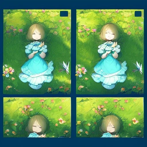 tiny anime girl sleeping in the distance, laying down in a field of flowers, underneath a willow tree, with a butterfly on her nose, hand detail looks human.zoom out. zoom out