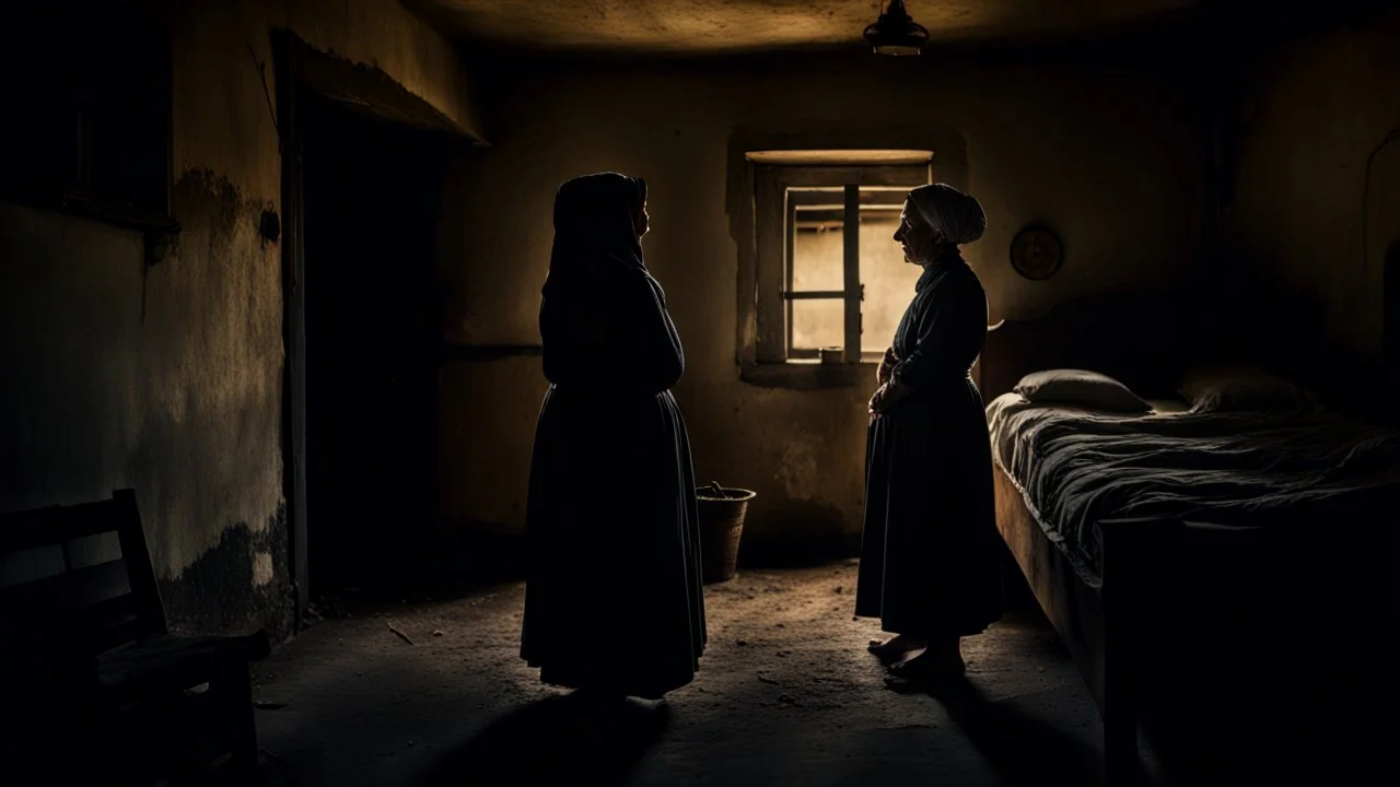 in front of the picture standing with her back to the door old midwife in a black vintage villager dress and dark eurpean villager headscarf stands close at the old bed, camera can't see who lies on bed just two bloddy legs, the little old room, old, village environment, little light, shadow in the corner, dramatic atmosphere, high detailed, sharp focus, high realistic, thriller mood, Professional photography,