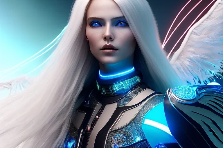 A beautiful portrait of a cute smiling cyberpunk woman with wings, long blond platinum hair, luminous blue eyes, high key lighting, volumetric light high details with blue and white stripes and feathers and white luminous celtic paterns, beam starry background