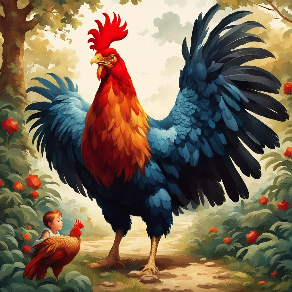 Ilustración pixar de un niño con un gallo gigante calidad ultra