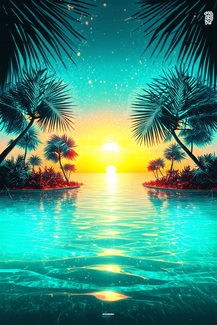 Luxury Tropical House album cover, award-winning music artwork, crystal-clear turquoise ocean merging into an endless horizon beneath a radiant golden sunset. Exotic palm trees illuminated by soft neon cyan and coral lights sway in the warm breeze. Glowing particles drift through the air like fragments of melody, creating a magical atmosphere. Elegant reflections dance across the water surface, while subtle geometric patterns inspired by electronic music production are integrated into the enviro