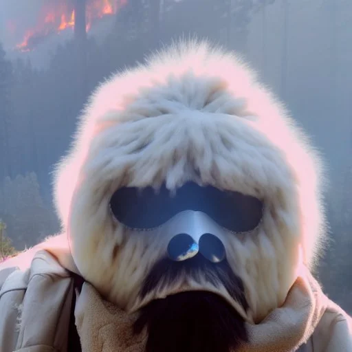 subject = (Yeti in a mask) background = (wildfires, mountains, fires, smoke, disaster)