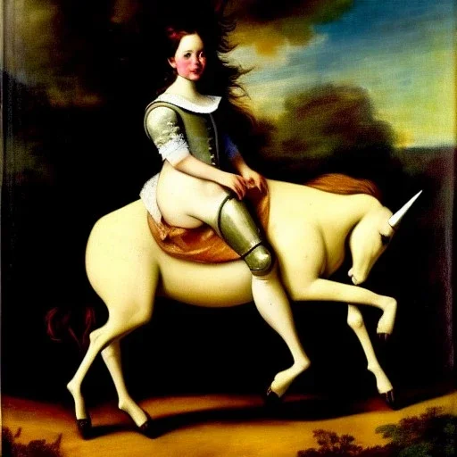 Retrato de una niña muy guapa llamad Dalia Santiago Arnau montando un unicornio con el estilo de Diego Velázquez