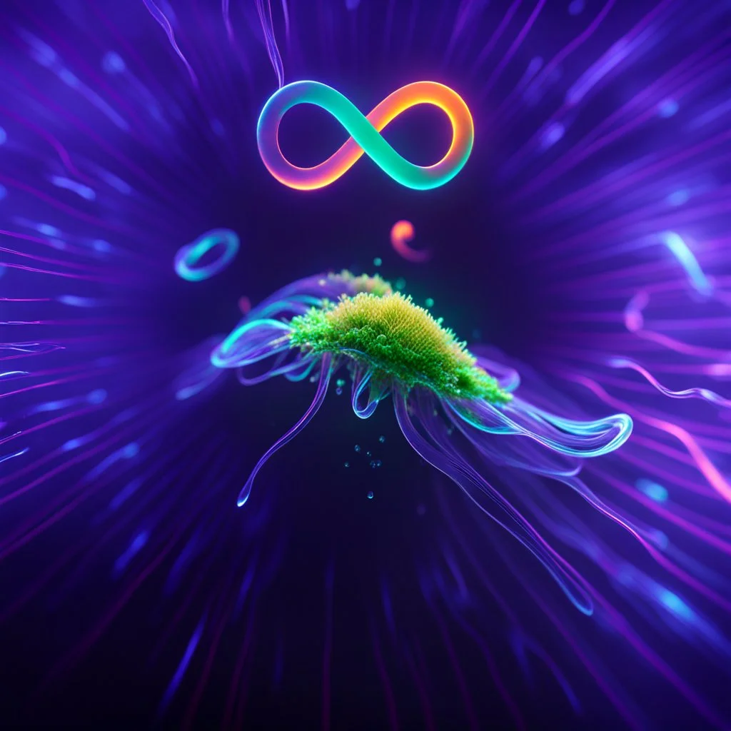 infinity symbol ∞ with vibrant single Bioluminescent Plankton in water, striking, neon, chiaroscuro, dramatic, captivating, powerful, fantasy, beautiful, octane render, 16k post-production, artstation: award-winning: atmospheric: commanding: fantastical: clarity: ultra quality: striking: brilliance: stunning colors: amazing depth; lens: f/11, 35mm