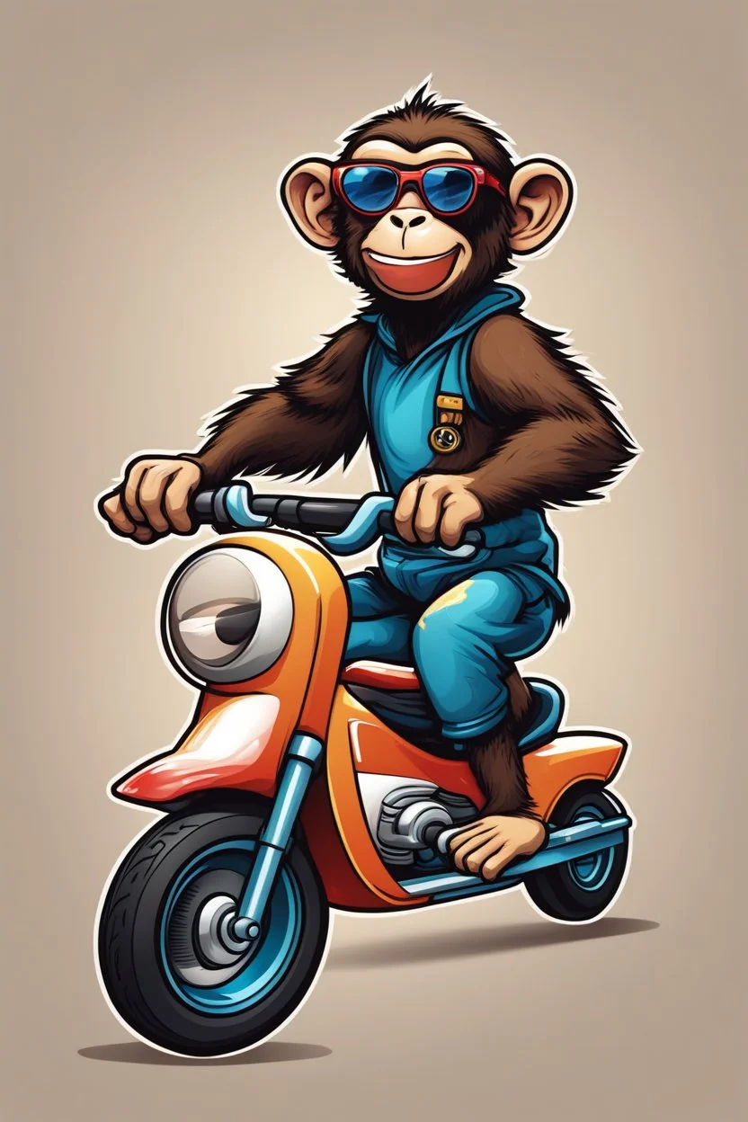 Monkey riding on a scooter making a wheelie with sunglasses on, cartoonize, logo