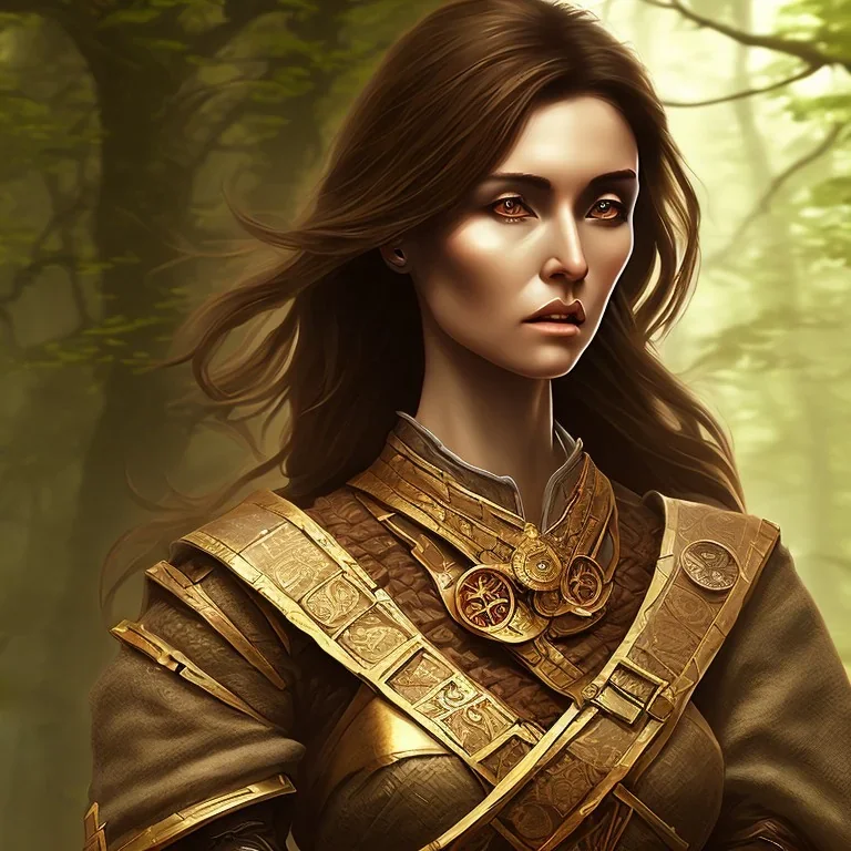 dungeons and dragons, female human, druid, brown hair, brown eyes, full body, realistic face, short hair, facial scarring, light skin, hair tied back