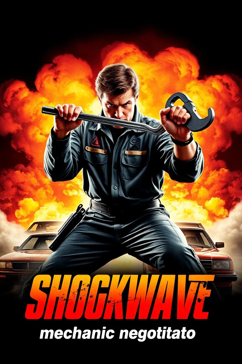 "Design a 90s-style action movie poster titled 'Shockwave Customs.' Feature a heroic mechanic in the foreground, fiercely battling thousands of adversaries with a spanner. In the background, show cars doing burnouts, creating a dynamic and intense scene. Capture the high-energy, gritty aesthetic of classic 90s action films. Prominently display the subtitle 'mmechanic negotiator' in bold, impactful lettering."