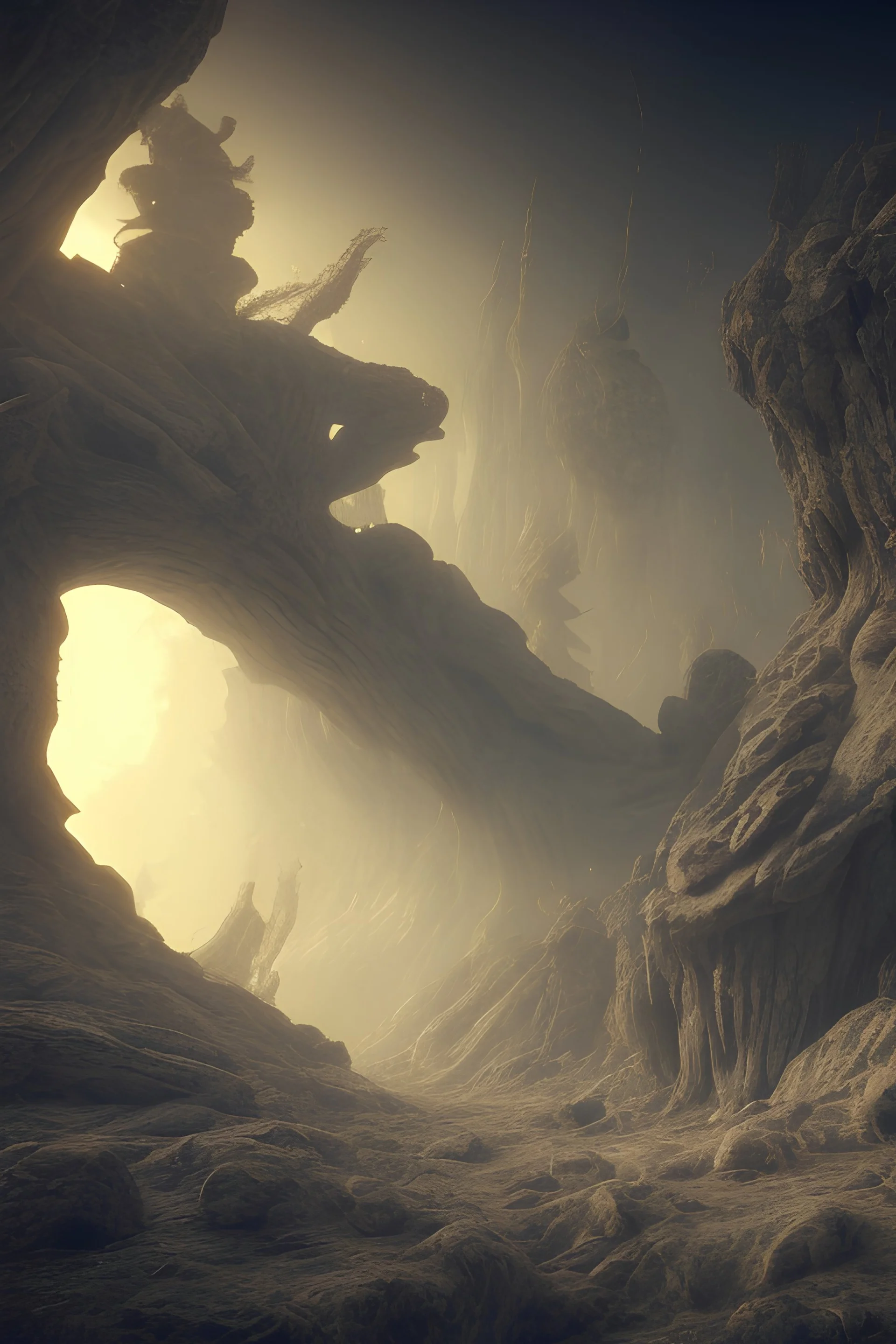 A spooky wasteland, 8k, bas-relief, extraterrestrial, eerie, jagged rocks, peaceful, cinematic 4d, volumetric light