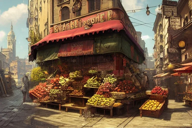 River and corner shop greengrocer in colorful Italian street+Gothic city+BioShock+Dishonored+Bloodborne +trieste+Edinburgh+Chicago+victorian London+decòpunk Skyscraper+ +steampunk+biopunk+alphonse mucha, greg rutkowski,matte painting, cryengine, hyper detailed, felix kelly, fantasy art, seb mckinnon