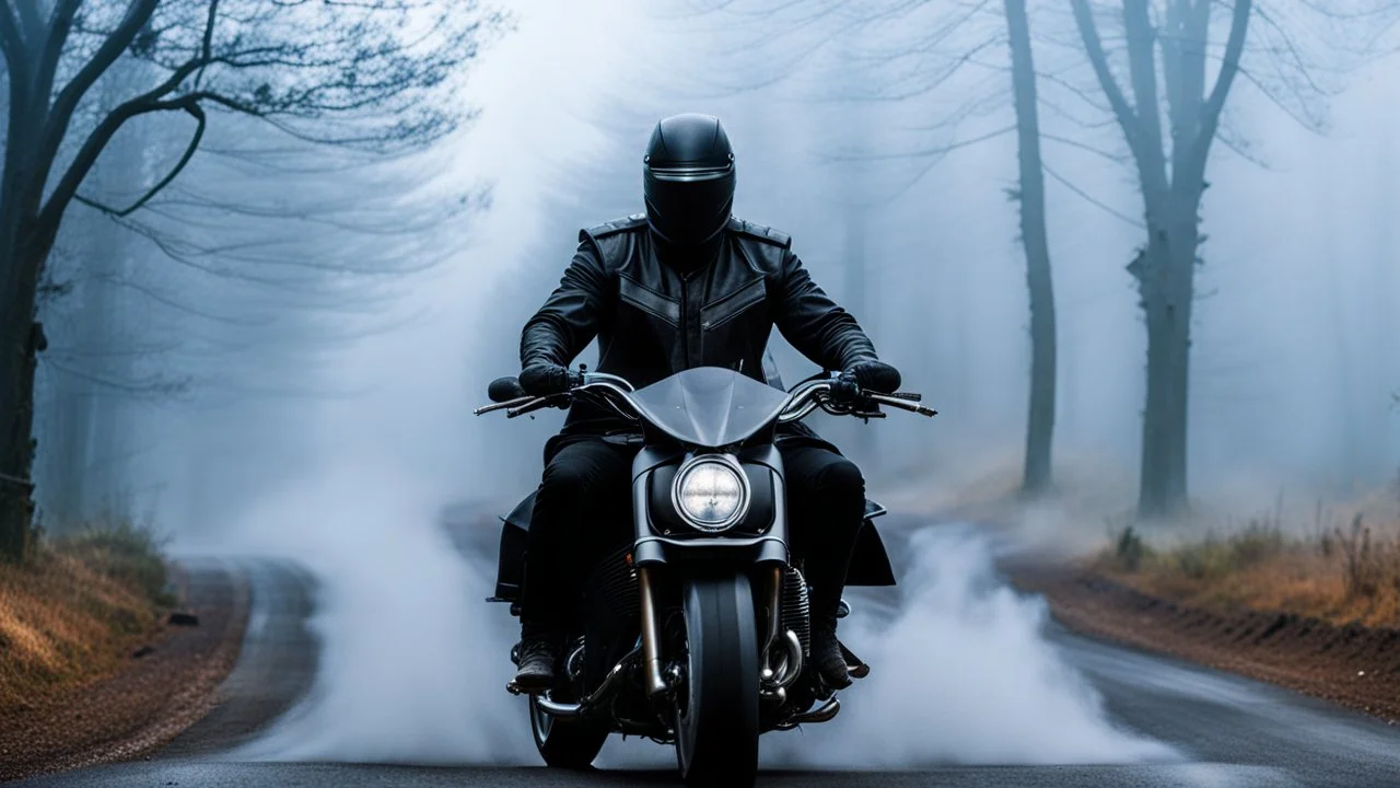 The photograph of a Knight Rider person dressed in a black motorcycle cloths riding a motorcycle through a foggy atmosphere. The rider's face is obscured by the fog, the scene with mystery mood. full body, blur background with fog, mystic, fantasy etheral mood