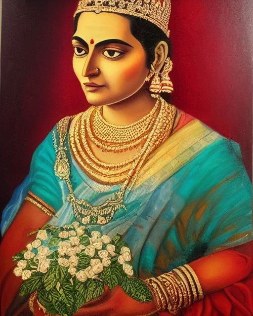  vintage portrait of an Indian queen with roses in her hand, detailed, sharp, oil painted, absolute colours,art