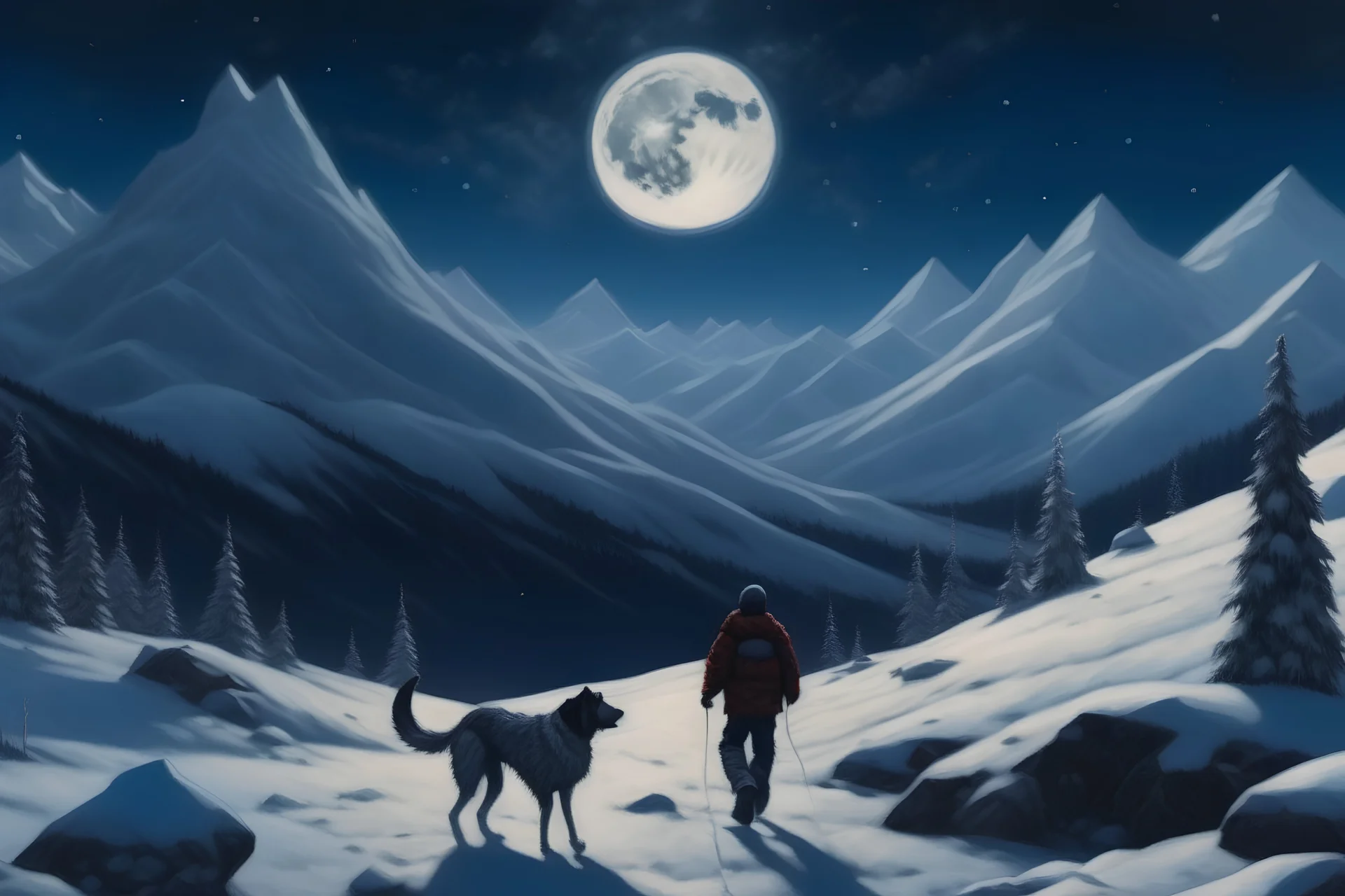 make a painting of a man walking his dog in some snowy, spiky mountains. In the background there is a big moon that shines brightly