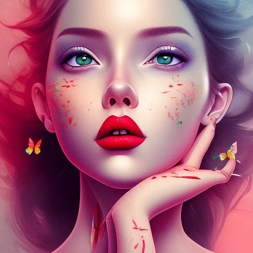  cute girl, red lips, with butterfly's flying around her, 8k quality, half body, soft pastel colors