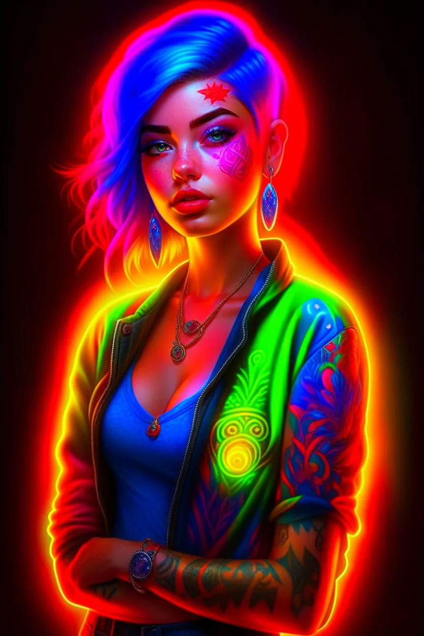 full body colorful tattooed portrait of a female model with colorful hair, Vibrant colors, Neon lighting, Intricate details, Digital painting, Artstation, glowing tattoos, Sharp focus, Illustration, art by audrey benjaminsen and lois van baarle and artgerm and mandy jurgens, Dystopian, cyberpunk, cinematic, 8k