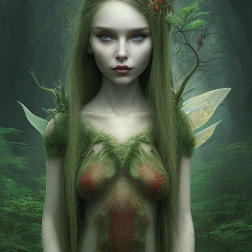 A portrait of a Little fairy woman with green skin and red long hair, sitting under the large Amanita muscaria mushroom in the magic forest, concept art, dark fantasy style, dark and spook, illustration, digital art, d&d, very cute,Masterpiece, best quality, sharp line, sharp focus, rear view : digital painting extremely detailed fantasy beautiful award winning high definition colourful very cute ,correct ai auto settings.